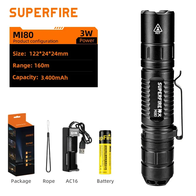 SUPERFIRE MI80-S High Power LED Flashlight – 1100LM Super Bright Portable EDC Torch for Outdoor & Camping