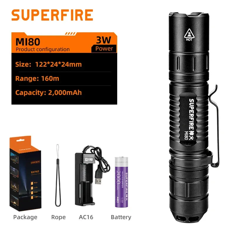 SUPERFIRE MI80-S High Power LED Flashlight – 1100LM Super Bright Portable EDC Torch for Outdoor & Camping