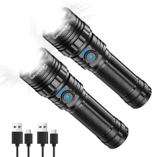 SuperFire Y29 Rechargeable Flashlight, 3280 Lumens, 5 Modes, Zoomable, for Camping, Hiking, Emergency, 2-Pack