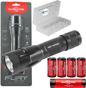 Sure Fire Fury DFT 1500 Lumen Tactical Single-Output LED Flashlight Black Bundle with 4 Extra 123A Batteries and Lightjunction Battery Case
