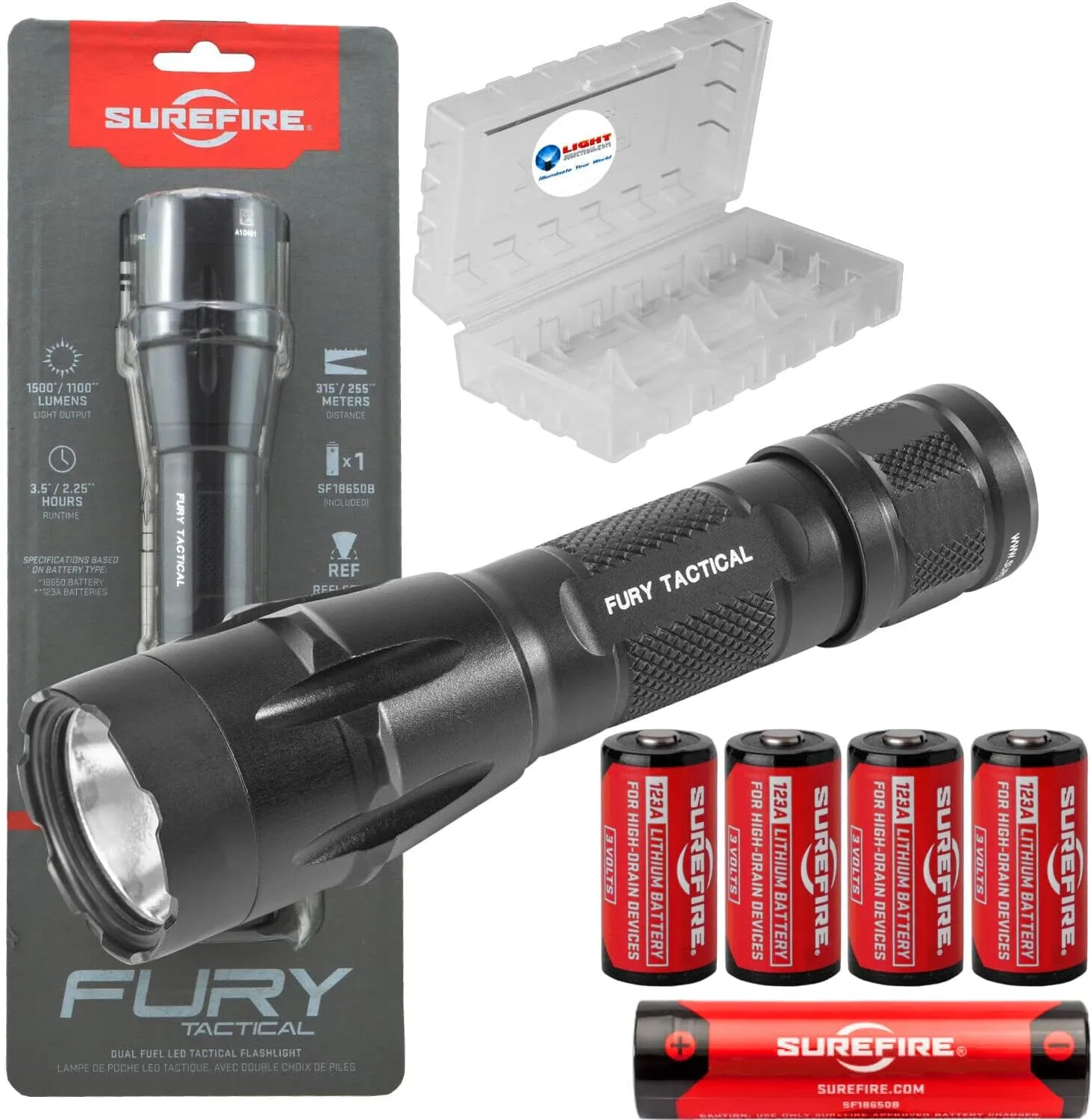 Sure Fire Fury DFT 1500 Lumen Tactical Single-Output LED Flashlight Black Bundle with 4 Extra 123A Batteries and Lightjunction Battery Case