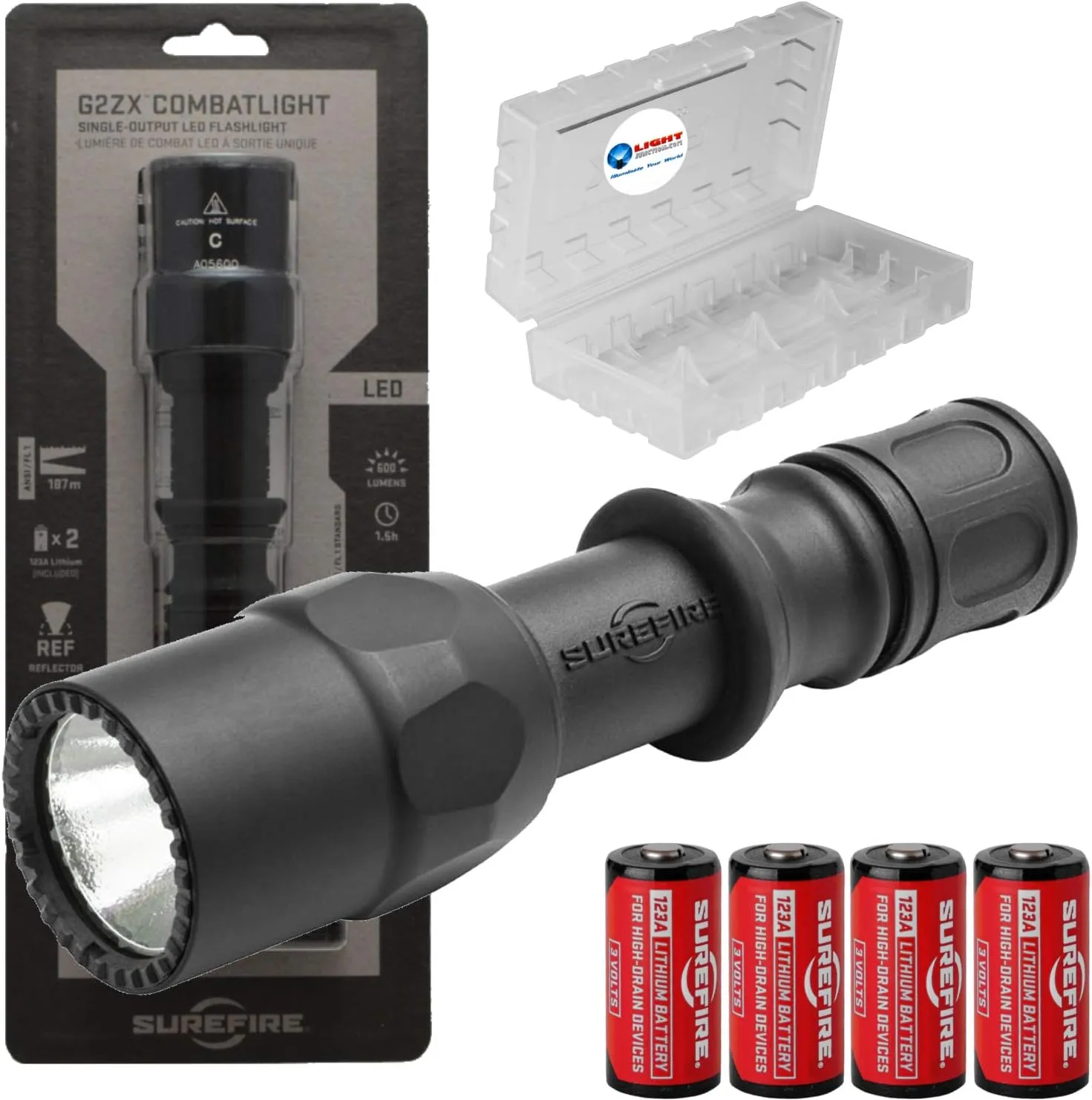 Sure Fire G2ZX Combat Light 600 Lumen Tactical Flashlight with 4 Extra 123As and Lightjunction Battery Case