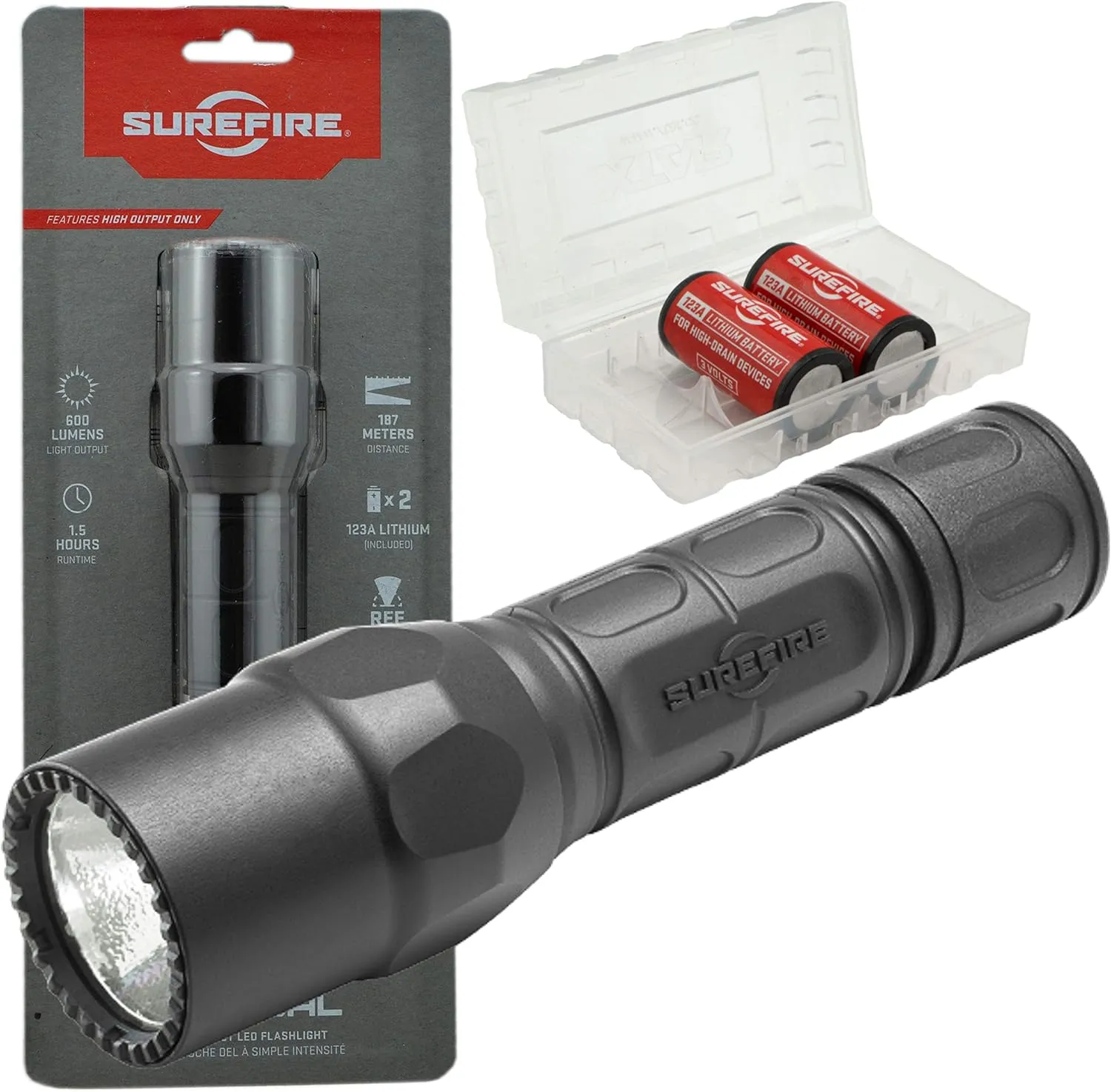 SureFire G2X Tactical 600 Lumen EDC Flashlight Bundle with 2x Extra SureFire CR123A and Lightjunction Battery Case (Black)