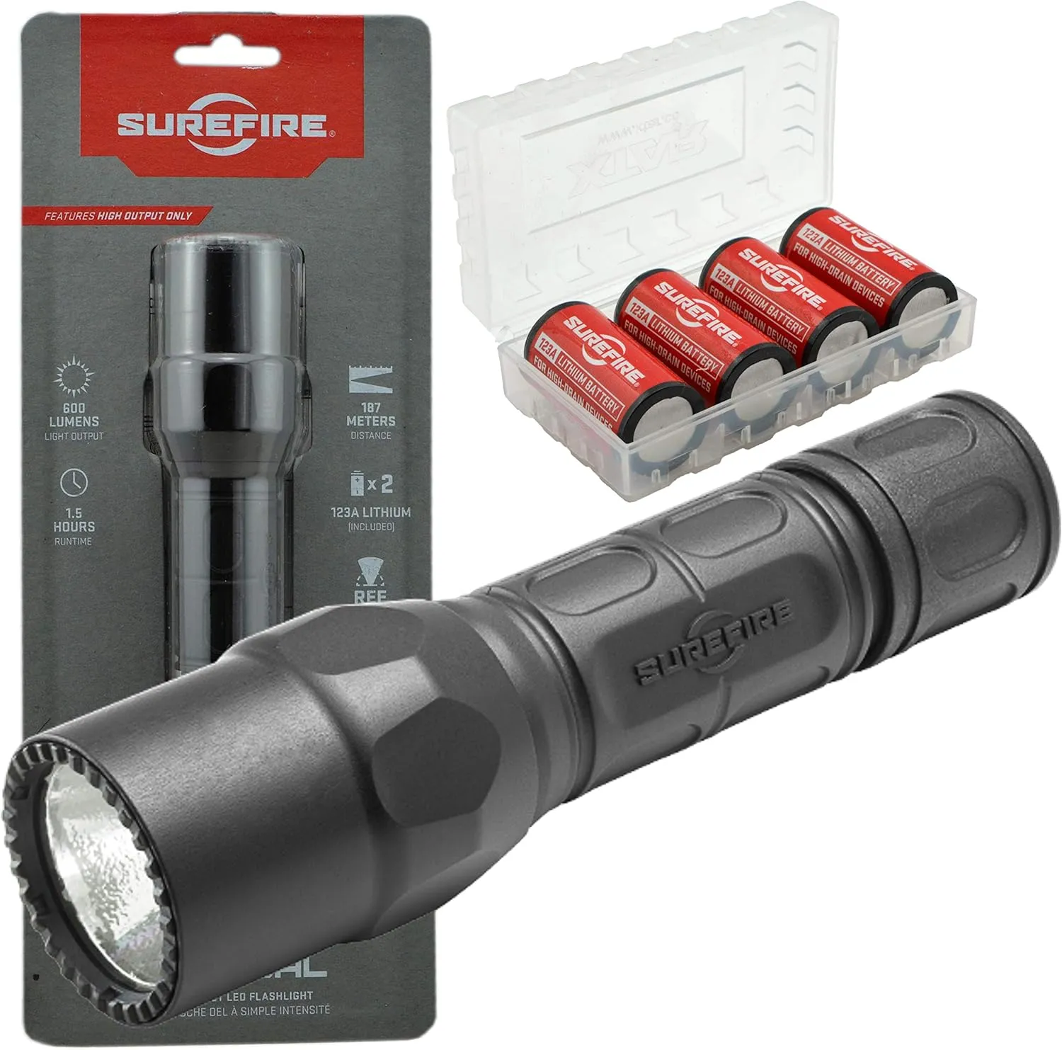SureFire G2X Tactical 600 Lumen EDC Flashlight Bundle with 4x Extra Surefire CR123A and Lightjunction Battery Case