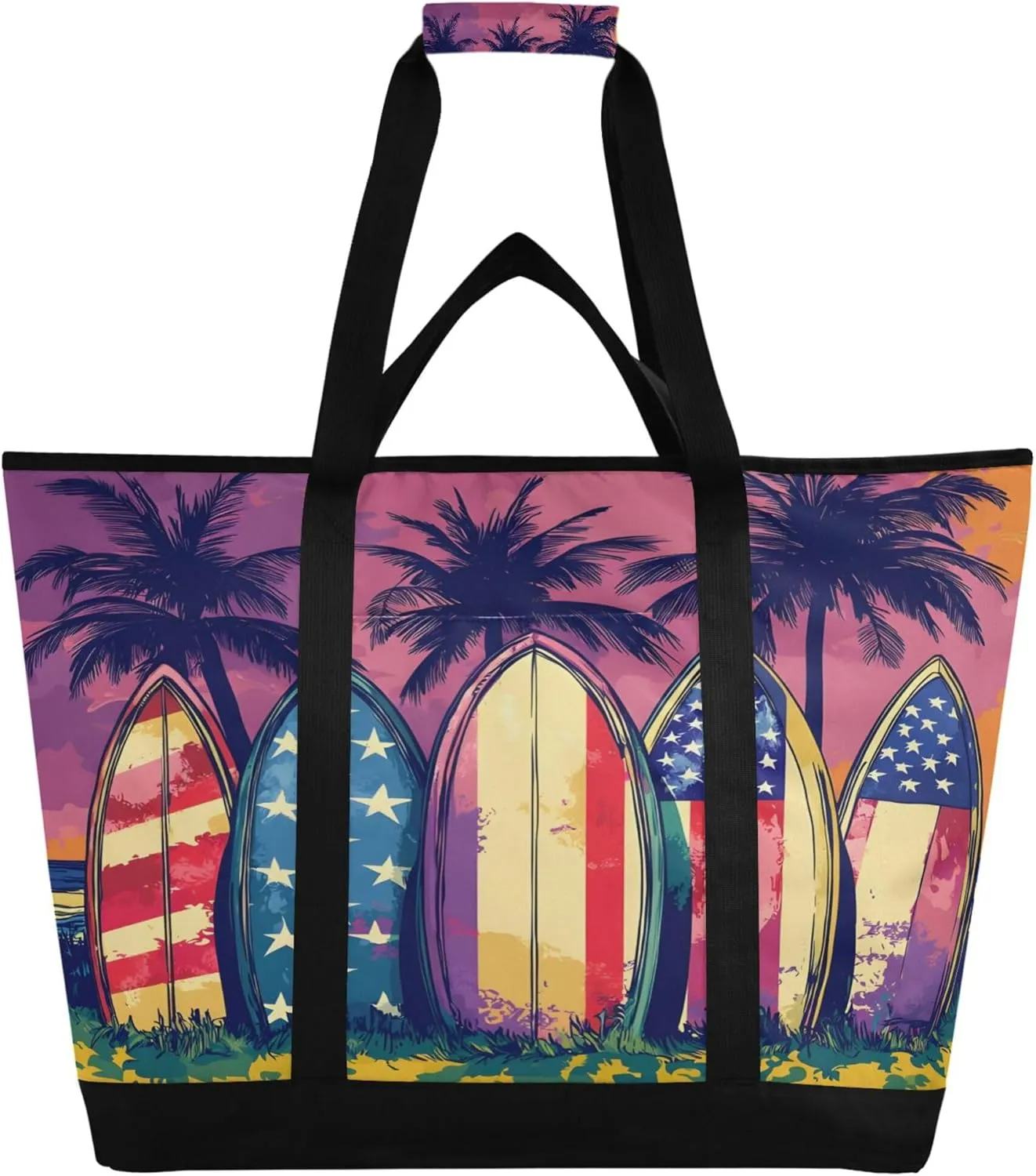 Surfboards Reusable Insulated Cooler Bag with Ice Pack Compartment - Large 47L Waterproof Thermal Grocery Tote for Picnic Beach Camping Lunch Storage