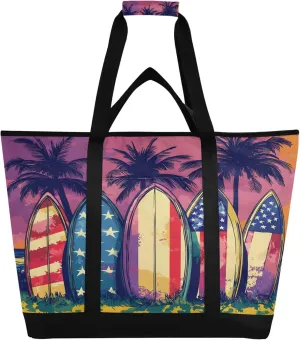 Surfboards Reusable Insulated Cooler Bag with Ice Pack Compartment - Large 47L Waterproof Thermal Grocery Tote for Picnic Beach Camping Lunch Storage