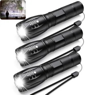 Swanlake Rechargeable LED Flashlight, Super Bright Tactical Flashlights, Zoomable Waterproof Flashlights with 5 Lighting Modes for Emergencies, Hiking, Camping(3Pack)