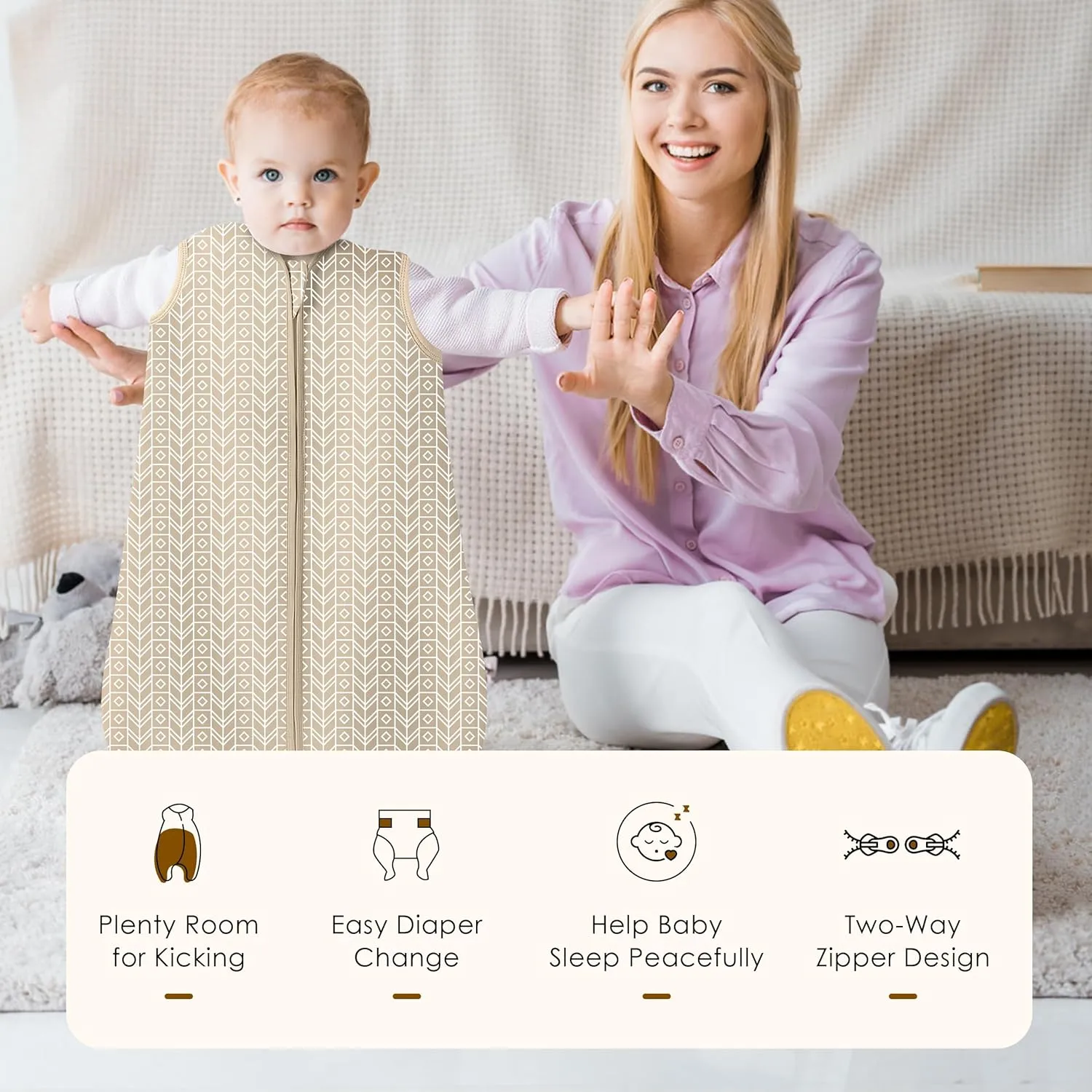 SWEET DOLPHIN Baby Sleep Sack 18-24 Months - 100% Cotton 2-Way Zipper TOG 0.5 Infant Wearable Blanket, Newborn Essentials Toddler 3 Pack Sleeping Sacks - Brown