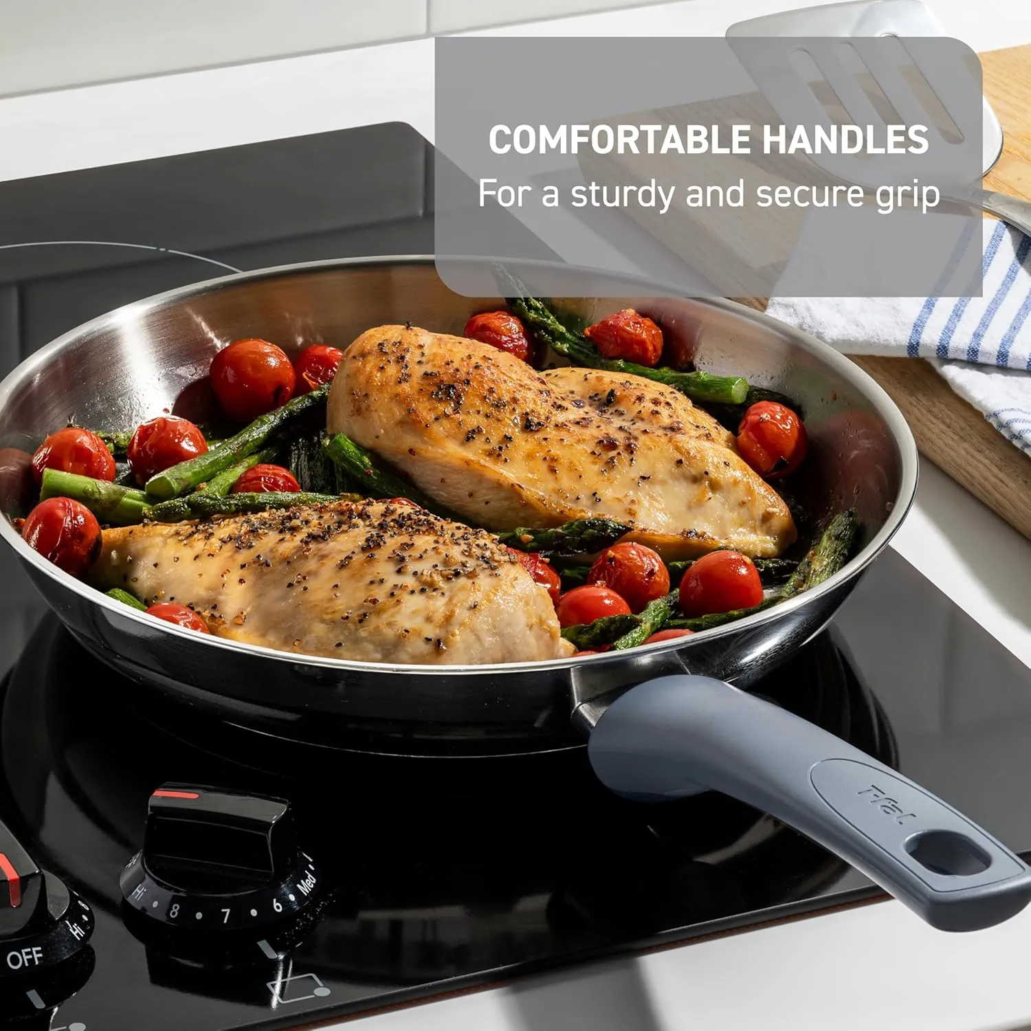 T-fal Essentials Stainless Steel Fry Pan w/Non Stick Coating 10.5 Inch, Induction Compatible, Oven Safe 350F, Heat Indicator, Nonstick Frying Pan, Versatile Skillet, Dishwasher Safe, Silver/Blue