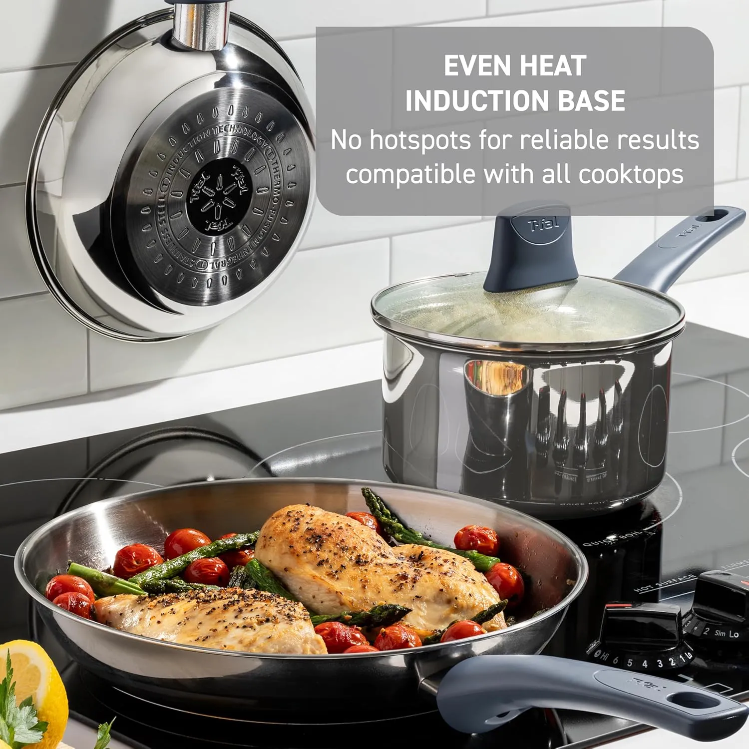 T-fal Essentials Stainless Steel Fry Pan w/Non Stick Coating 10.5 Inch, Induction Compatible, Oven Safe 350F, Heat Indicator, Nonstick Frying Pan, Versatile Skillet, Dishwasher Safe, Silver/Blue
