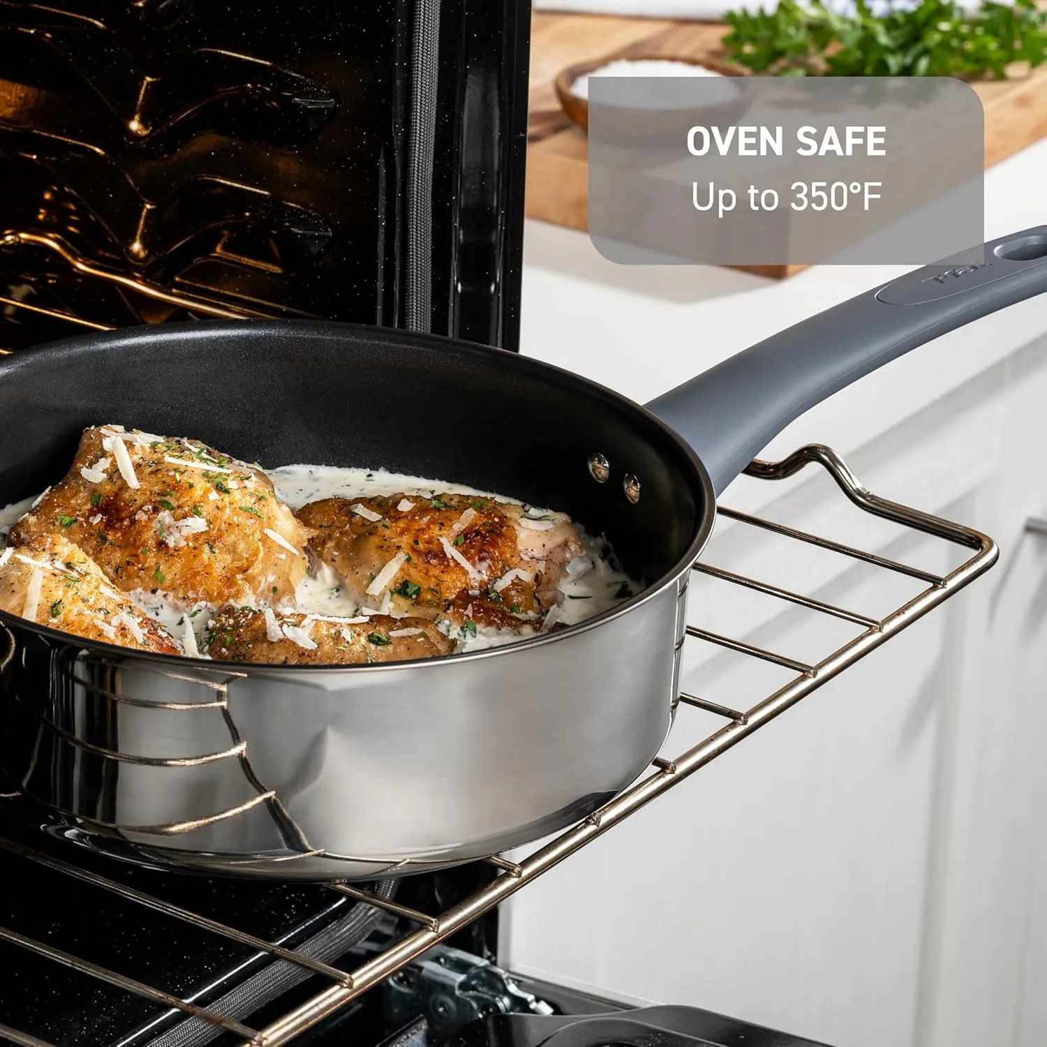 T-fal Essentials Stainless Steel Fry Pan w/Non Stick Coating 10.5 Inch, Induction Compatible, Oven Safe 350F, Heat Indicator, Nonstick Frying Pan, Versatile Skillet, Dishwasher Safe, Silver/Blue