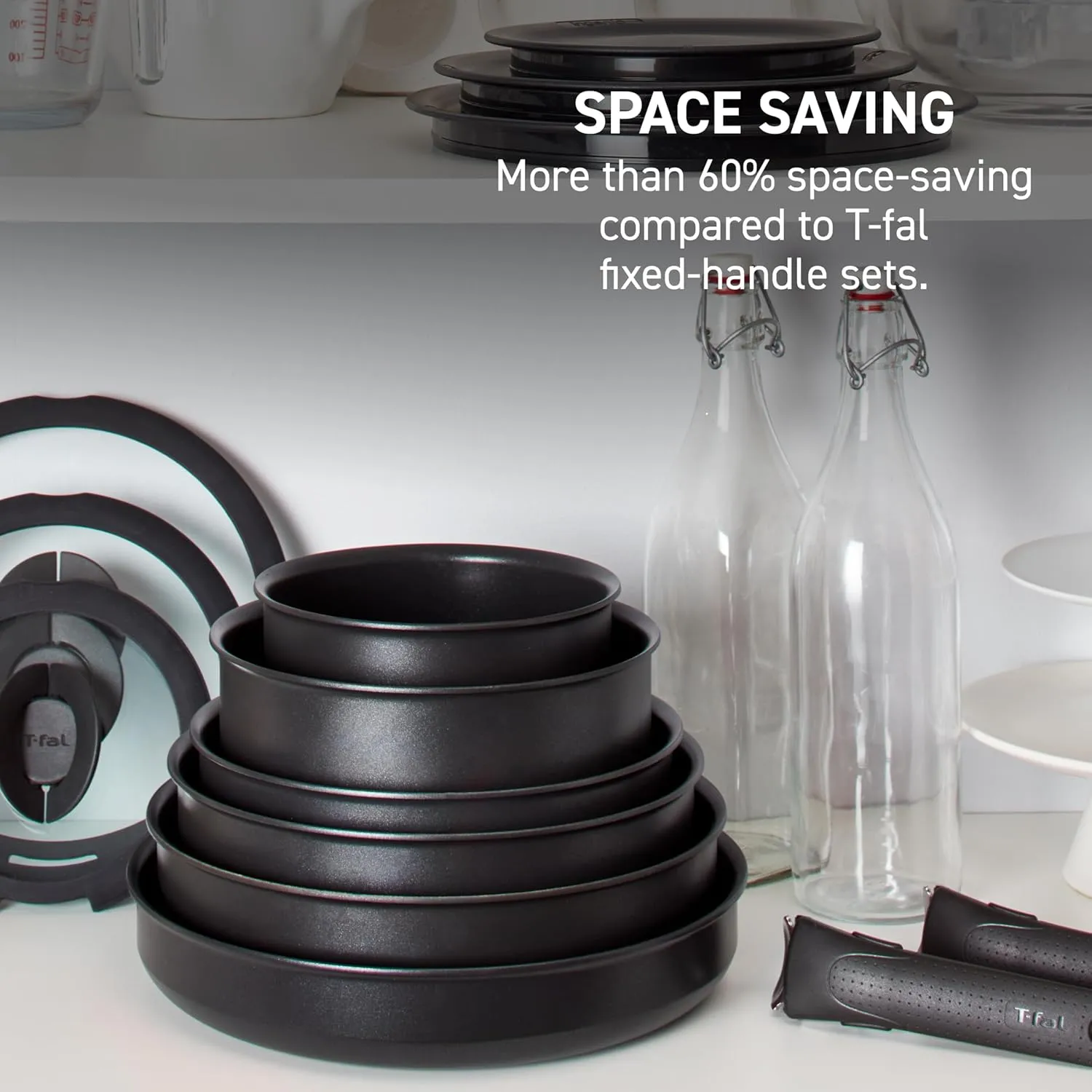 T-fal Ingenio Detachable Handle Cookware Set, Stackable Set. Induction Oven Broiler Safe 500F Cookware, Pots and Pans, Oven, Broil, Dishwasher Safe, 3 Piece set, Onyx Black