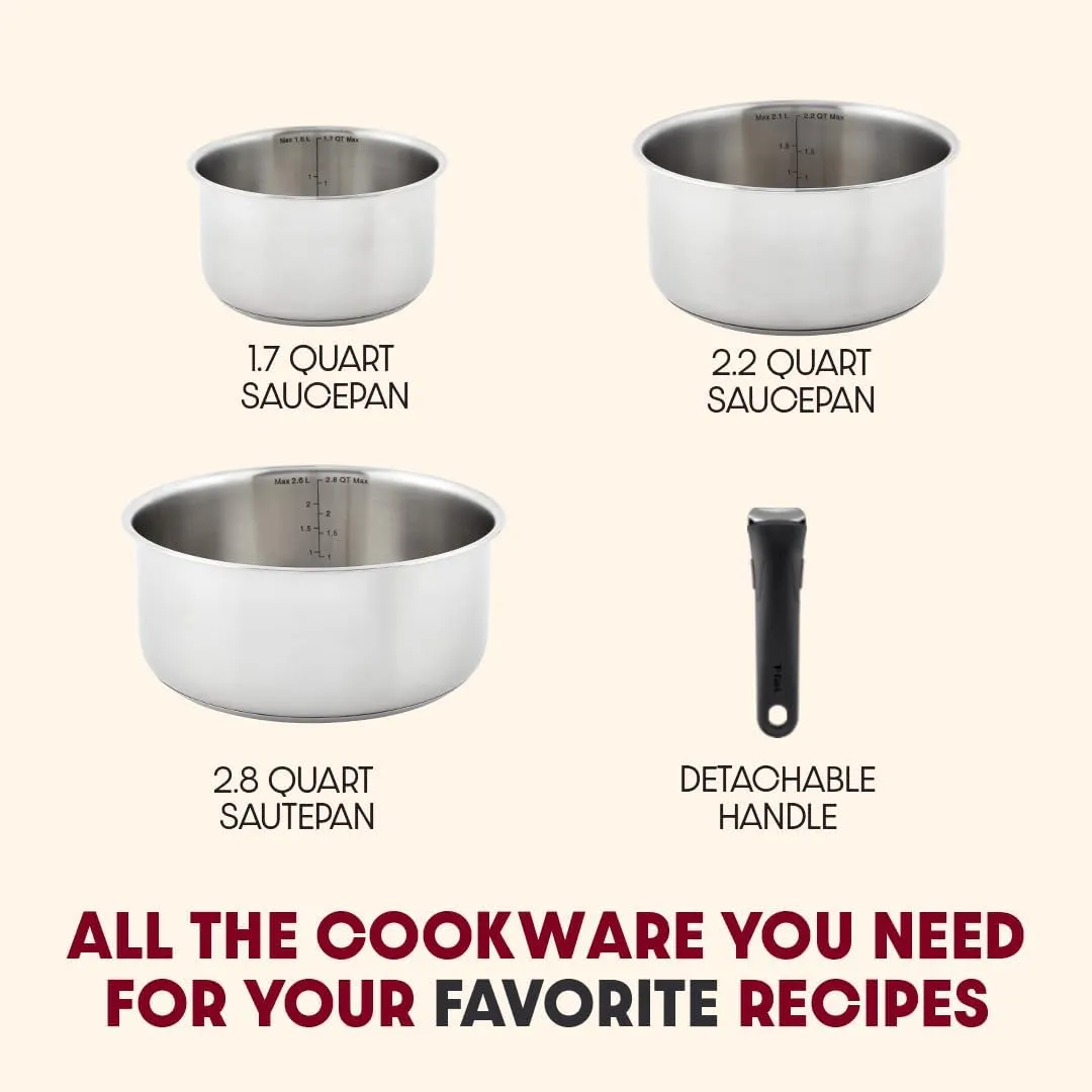 T-fal Ingenio Expertise Stainless Steel Cookware Set 4 Piece, Induction, Oven Safe, Stackable Cookware, Pots and Pans, RV, Camping, Frying Pans, Dishwasher Safe, Detachable/Removable Handle, Silver