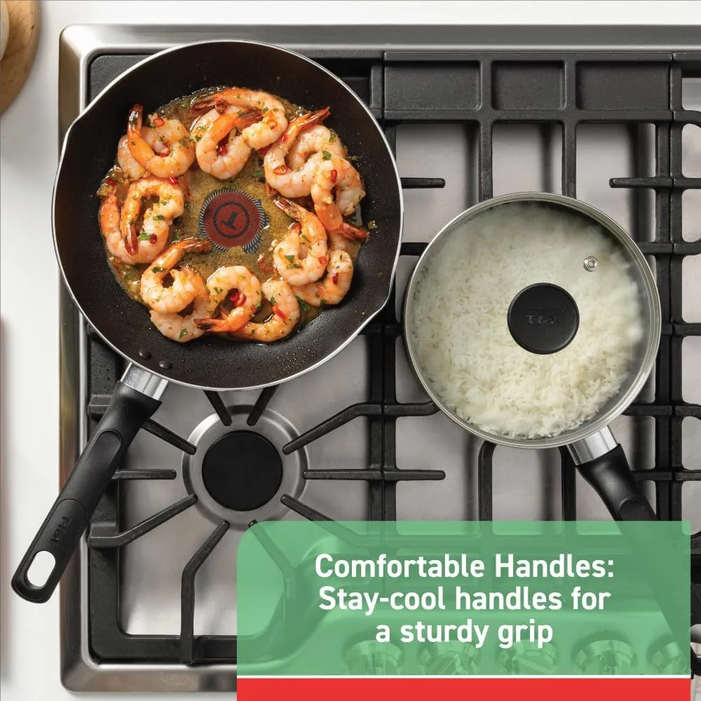 T-fal Initiatives Nonstick Cookware Set 18 Piece, Oven Broiler Safe 350F, Kitchen Cooking Set w/Fry Pans, Saucepans, Stockpots, Skillet, Spoons, Lids Pots and Pans Set Non Stick Dishwasher Safe Black