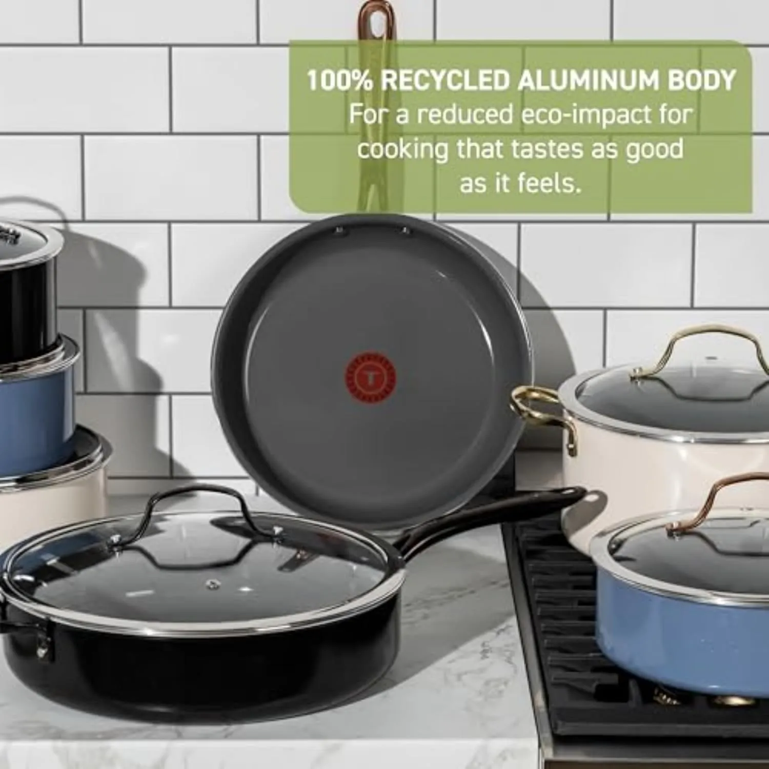 T-fal Preserve Ceramic, Ceramic Non Stick Cookware Set 13 Piece, Oven Broiler Safe 350F, Kitchen Set w/Frypans, Saucepans, Sautepan, Dutch Oven, Lids, Pan Protectors, Pots and Pans Set Nonstick Beige