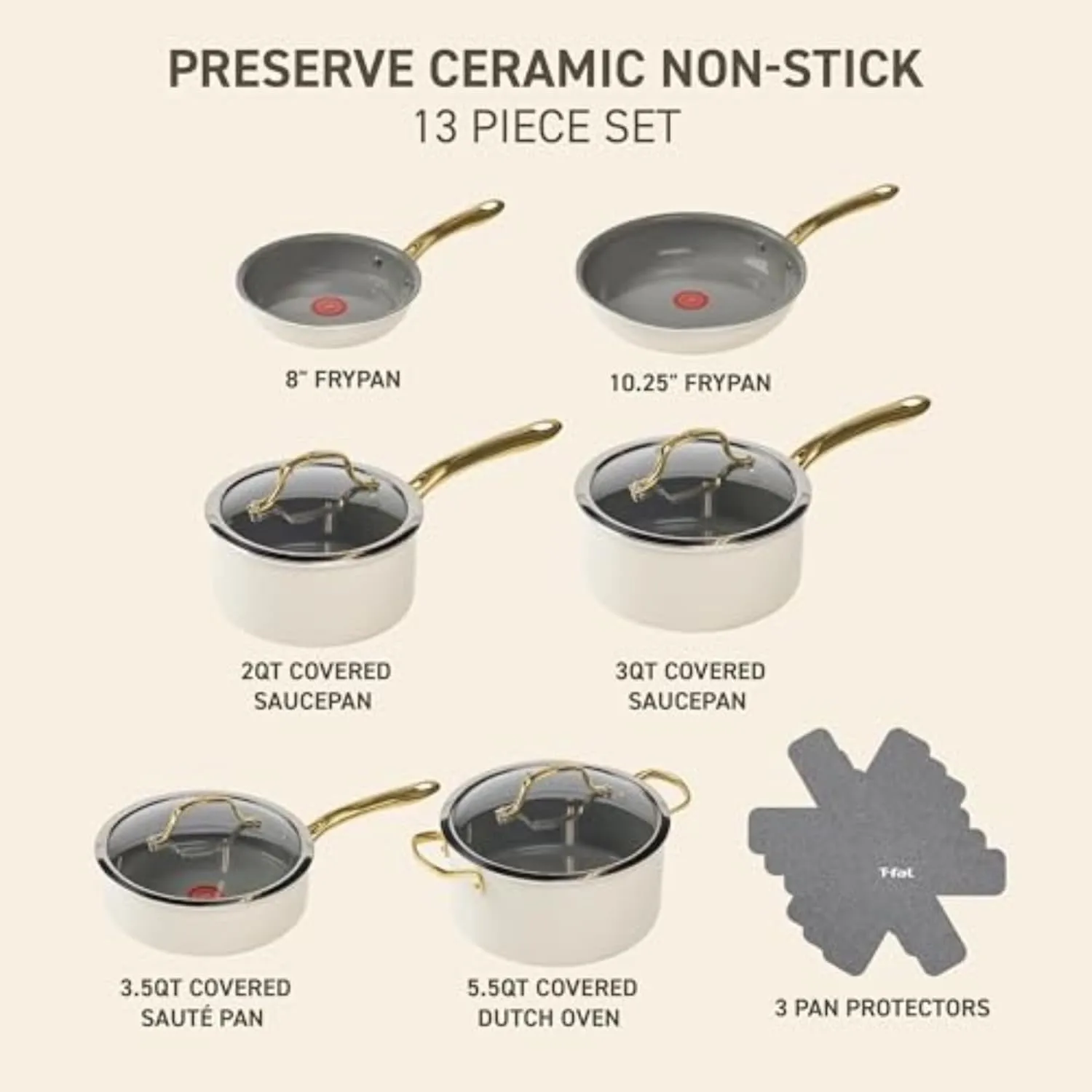 T-fal Preserve Ceramic, Ceramic Non Stick Cookware Set 13 Piece, Oven Broiler Safe 350F, Kitchen Set w/Frypans, Saucepans, Sautepan, Dutch Oven, Lids, Pan Protectors, Pots and Pans Set Nonstick Beige
