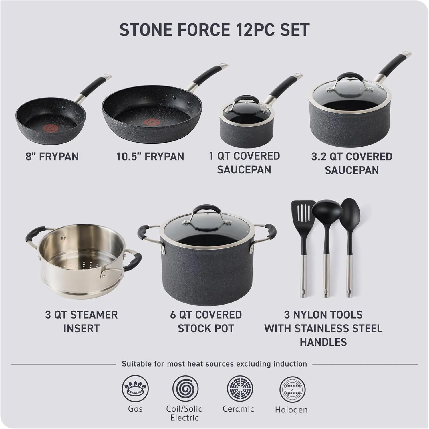 T-fal Stone Force Platinum Non Stick Cookware Set 12 Piece, Oven Broiler Safe 400°F, Kitchen Cooking Set w/Fry Pans, Saucepans, Dutch Oven, Tools, Steamer Insert, Lids, Cookware, Dishwasher Safe Black