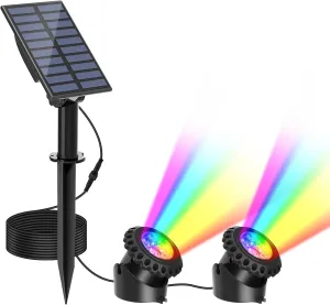 T-SUN Solar Pond Lights, 2 Headlamp RGB LED Spotlights, Underwater Submersible Fountain Lights Solar Fish Tank Light for Garden Fountain, Pond, Pool Decoration