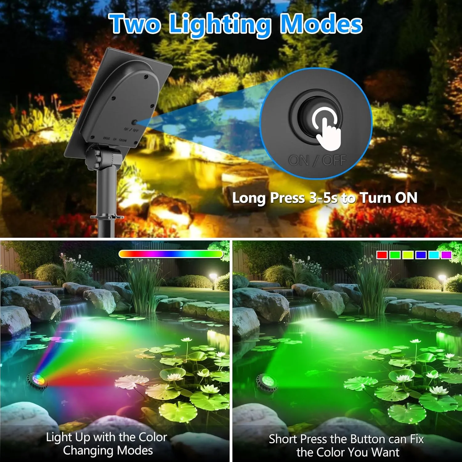 T-SUN Solar Pond Lights, 2 Headlamp RGB LED Spotlights, Underwater Submersible Fountain Lights Solar Fish Tank Light for Garden Fountain, Pond, Pool Decoration