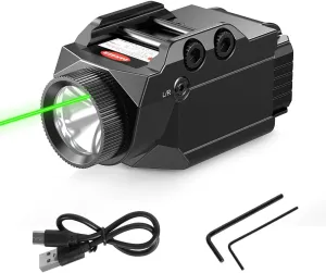 Tactical 1000 Lumen Green Laser Combo Pistol Flashlight, 2-in-1 Compact Gun Light, 20mm Picatinny Rail Mounted, Weapon Light with Strobe Mode-7020