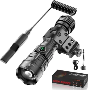 Tactical Flashlight 20000 High Lumen, Rechargeable LED Flashlight 3 Lighting Modes, IPX5 Water Resistance, Tactical Light with Picatinny Rail Mount, Remote Pressure Switch