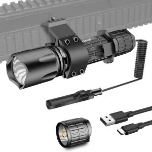 Tactical Flashlight for Rifles - 5 Modes LED Weapon Light, IPX7 Waterproof, USB-C Rechargeable with Picatinny Mount & Pressure Switch, Survival Gear for Camping, Home Defense