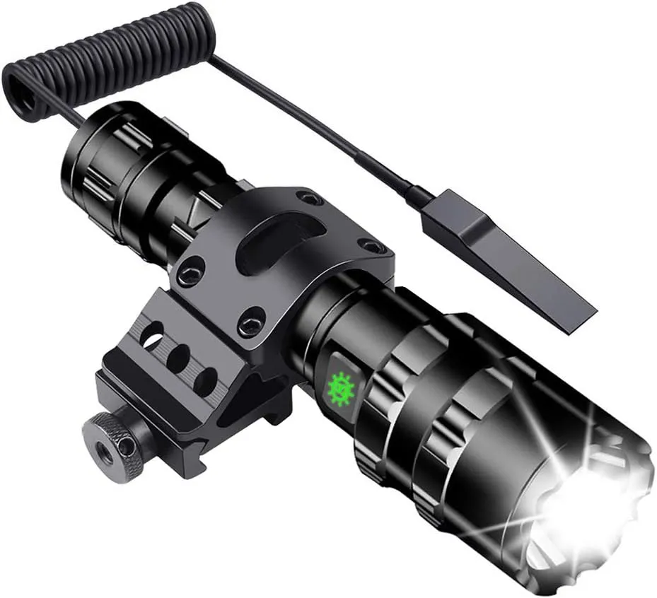 Tactical Flashlight JT10 1200 Lumen Black LED Light with Offset Rail Mount, 2 Modes Pressure Switch Included