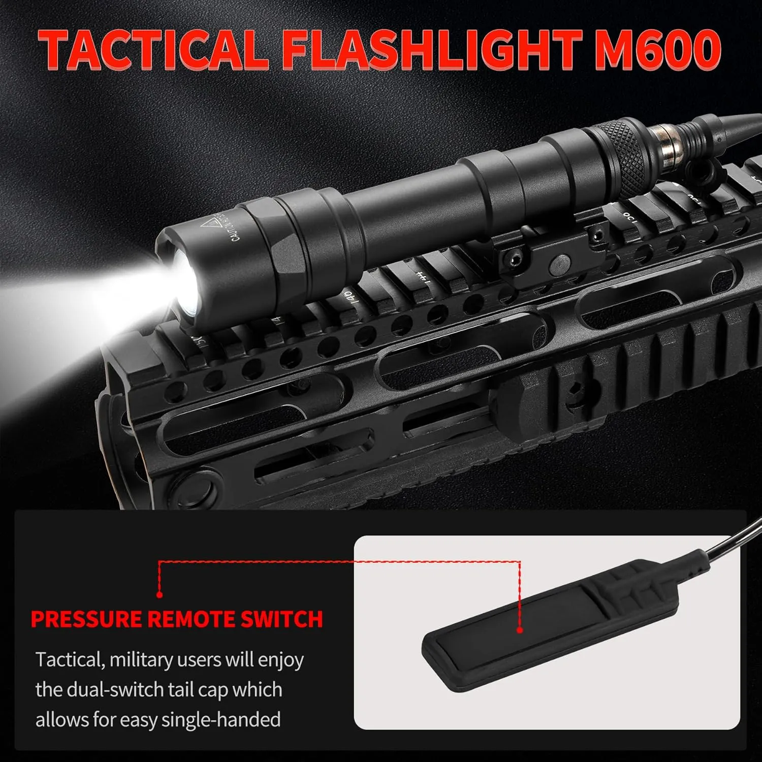 Tactical Flashlight Mloc Flashlight with Remote Pressure Switch and Mloc Mount, Picatinny Mount (600)