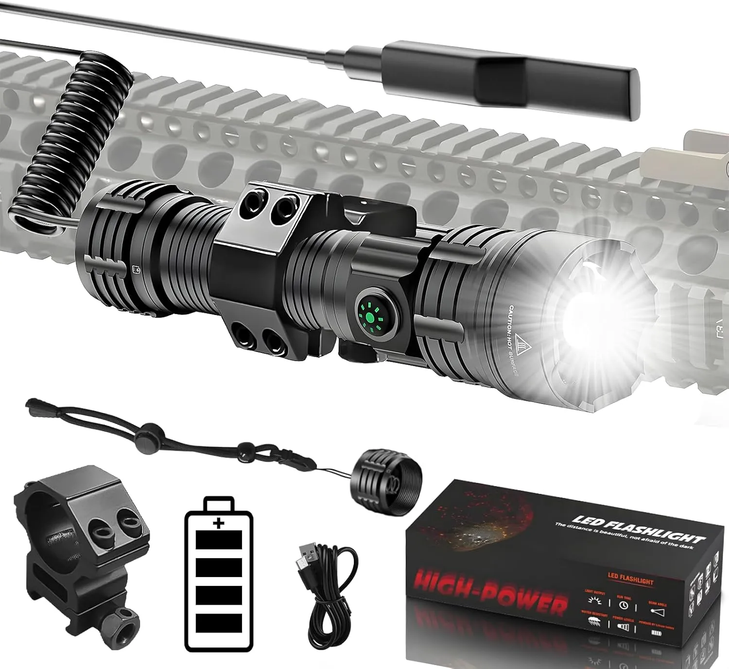 Tactical Flashlight with Picatinny Rail Mount, High Lumens Bright USB Rechargeable Flashlights with Tactical Pressure Switch, Adjustable Focus,3 Modes, Waterproof Hunting Light