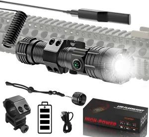 Tactical Flashlight with Picatinny Rail Mount, High Lumens Bright USB Rechargeable Flashlights with Tactical Pressure Switch, Adjustable Focus,3 Modes, Waterproof Hunting Light