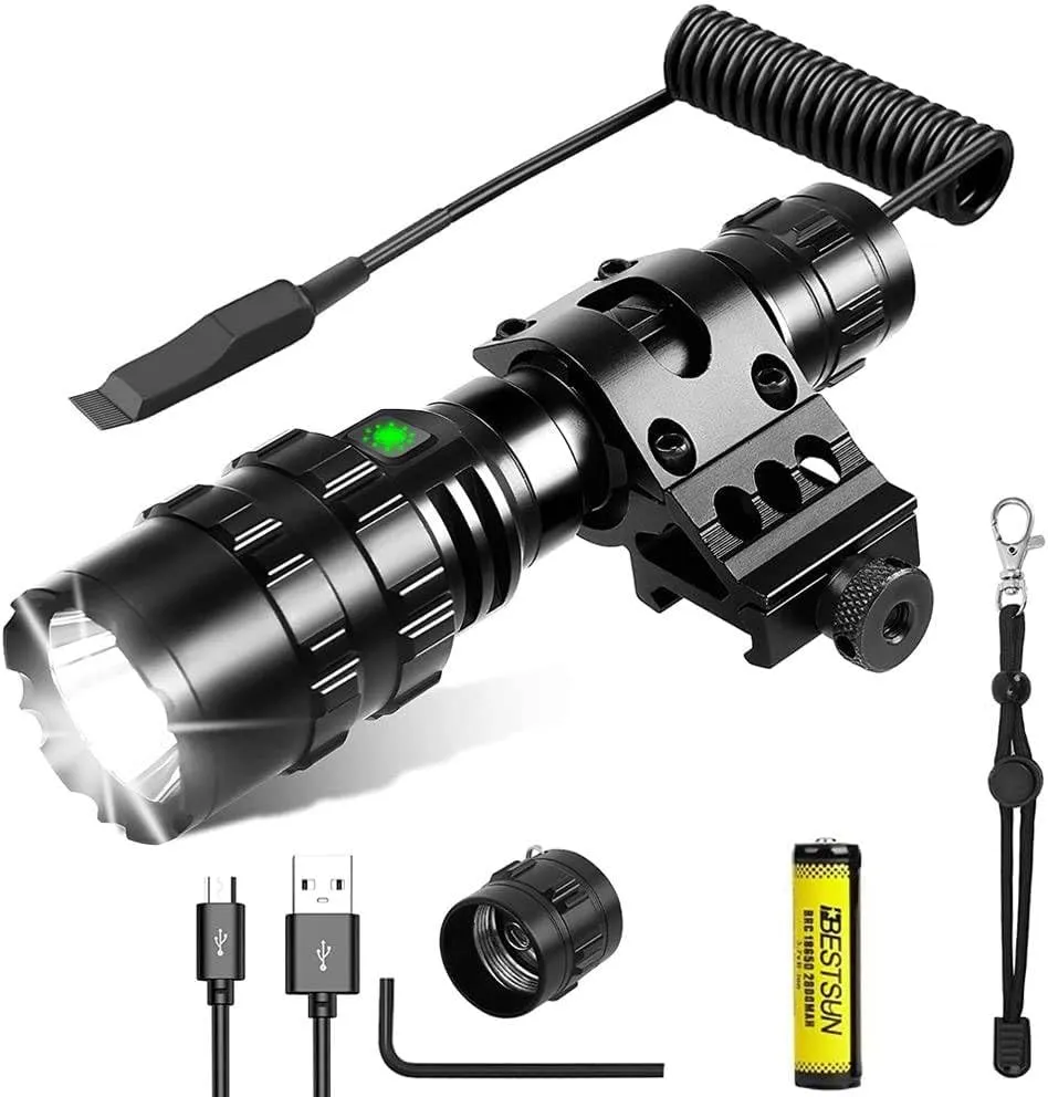 Tactical Flashlight with Rail Mount, Rechargeable LED Flashlight, Super Bright Torch Light 5 Modes Waterproof Weapon Light Pressure Switch Include for Hunting