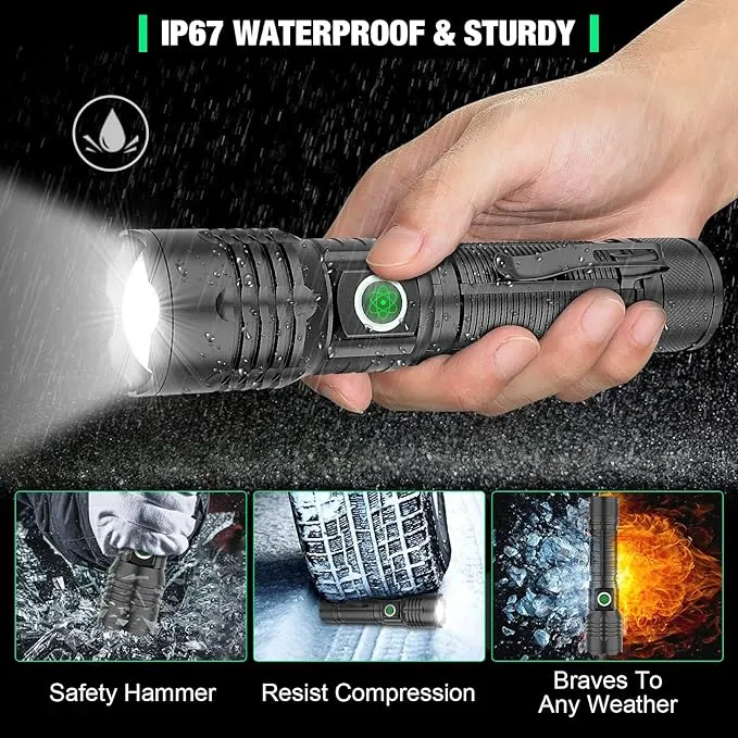 Tactical Flashlight XHP50.2 LED, 8000 Lumens, 5000mAh Battery Included, Rechargeable, Zoomable, Water Resistant, Non-slip grip, Pocket-Sized, Impact resistant, Overcharge protection