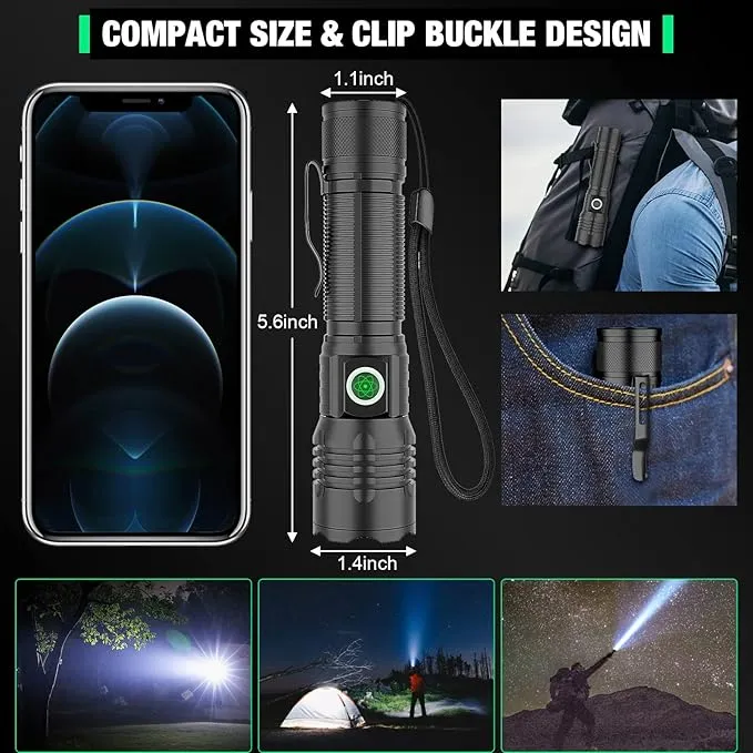 Tactical Flashlight XHP50.2 LED, 8000 Lumens, 5000mAh Battery Included, Rechargeable, Zoomable, Water Resistant, Non-slip grip, Pocket-Sized, Impact resistant, Overcharge protection