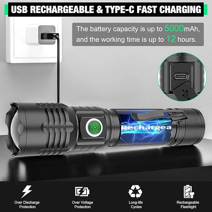 Tactical Flashlight XHP50.2 LED, 8000 Lumens, 5000mAh Battery Included, Rechargeable, Zoomable, Water Resistant, Non-slip grip, Pocket-Sized, Impact resistant, Overcharge protection