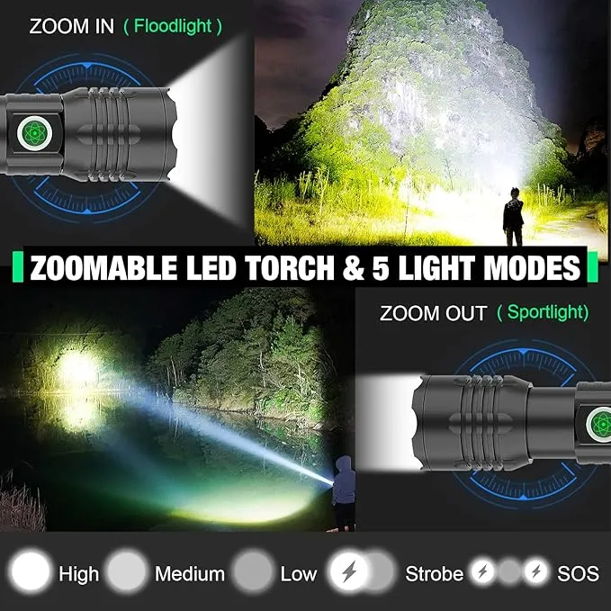 Tactical Flashlight XHP50.2 LED, 8000 Lumens, 5000mAh Battery Included, Rechargeable, Zoomable, Water Resistant, Non-slip grip, Pocket-Sized, Impact resistant, Overcharge protection