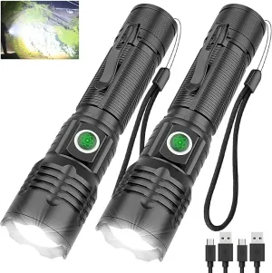 Tactical Flashlight XHP50.2 LED, 8000 Lumens, 5000mAh Battery Included, Rechargeable, Zoomable, Water Resistant, Non-slip grip, Pocket-Sized, Impact resistant, Overcharge protection