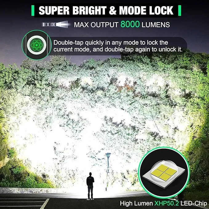 Tactical Flashlight XHP50.2 LED, 8000 Lumens, 5000mAh Battery Included, Rechargeable, Zoomable, Water Resistant, Non-slip grip, Pocket-Sized, Impact resistant, Overcharge protection
