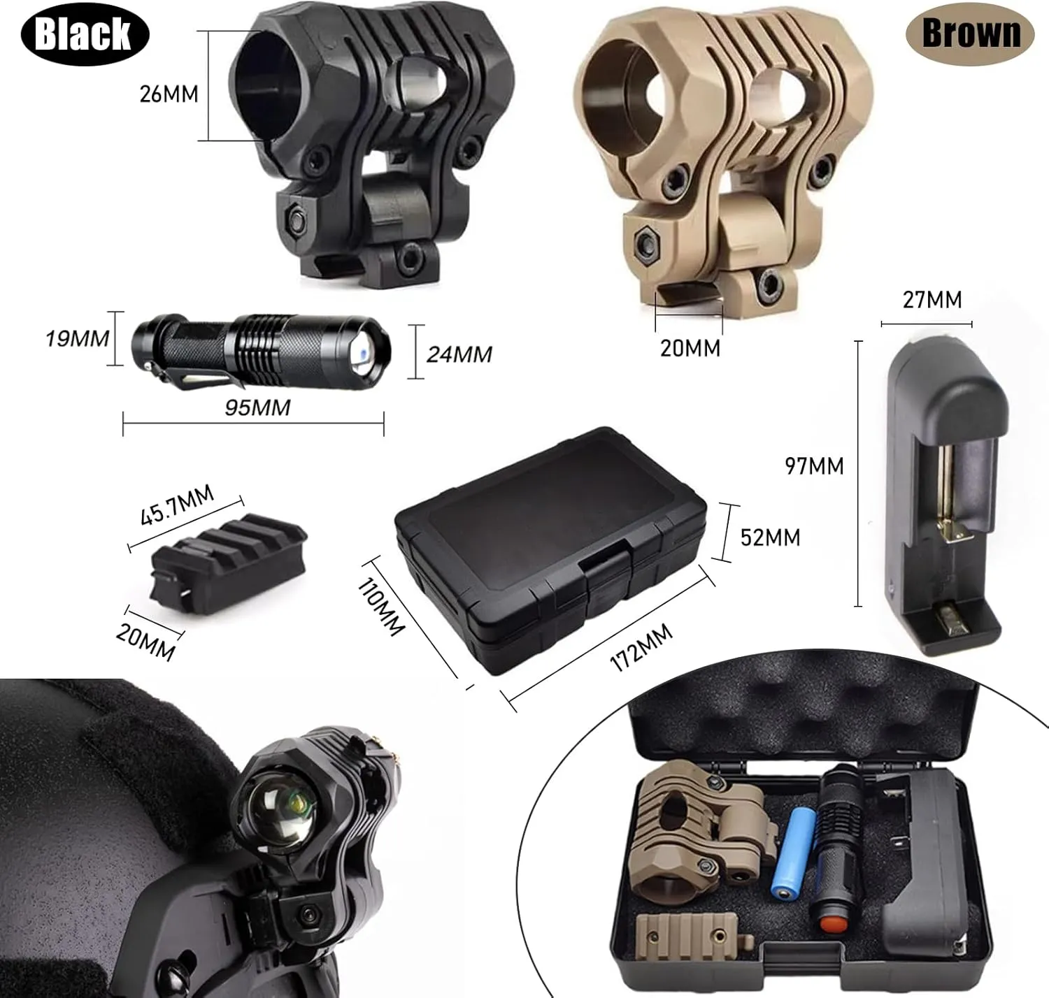 Tactical Helmet ARC Rail Light with Mount LED Mini Zoomable Helmet Flashlight with Strobe/Strong/Low Lamp 200 Lumens, Pocket Pen Flashlight with 20mm Picatinny Rail Mount Storage box Charger (Brown)