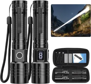 Tactical High Lumens Flashlights, LED Rechargeable Flashlight Super Bright Flash Light with Power Display Waterproof Small Flashlights for Camping Emergencies, 6Modes Zoomable Pocket