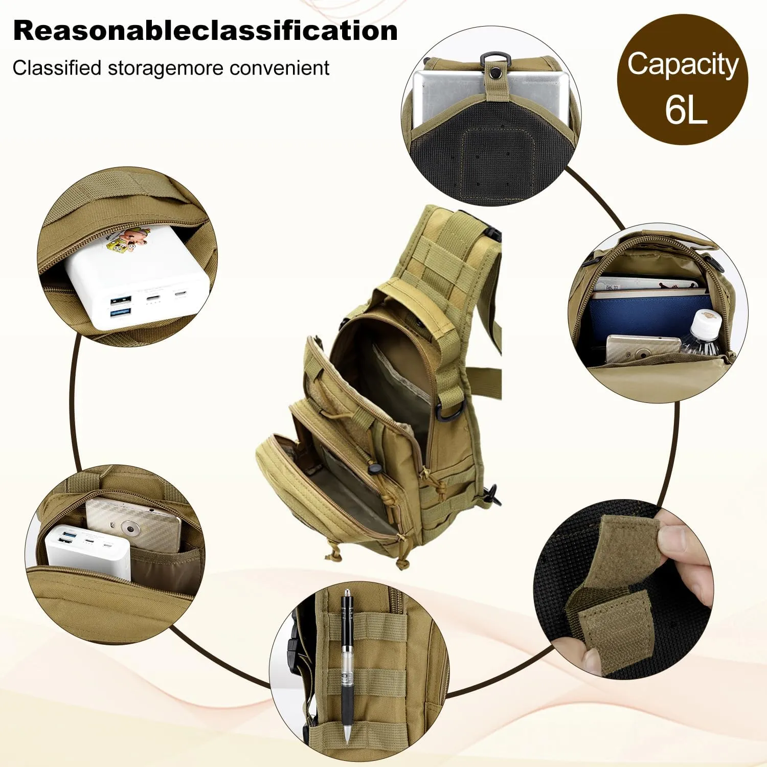 Tactical Shoulder Sling Bag Small Outdoor Military Sport Bag Pack Sling Shoulder Backpack Tactical Bag for Men Every Day Carry, Traveling, Trekking, Camping - Khaki