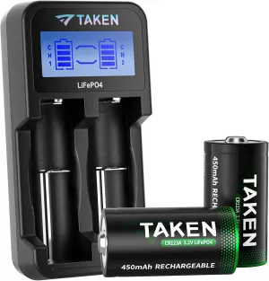 Taken 123a Lithium Batteries，2-Pack 3.2V Batteries with Charger Compatible with Arlo Wireless Security Cameras VMC3030 VMK3200 VMS3330 3430 3530 and Flashlights