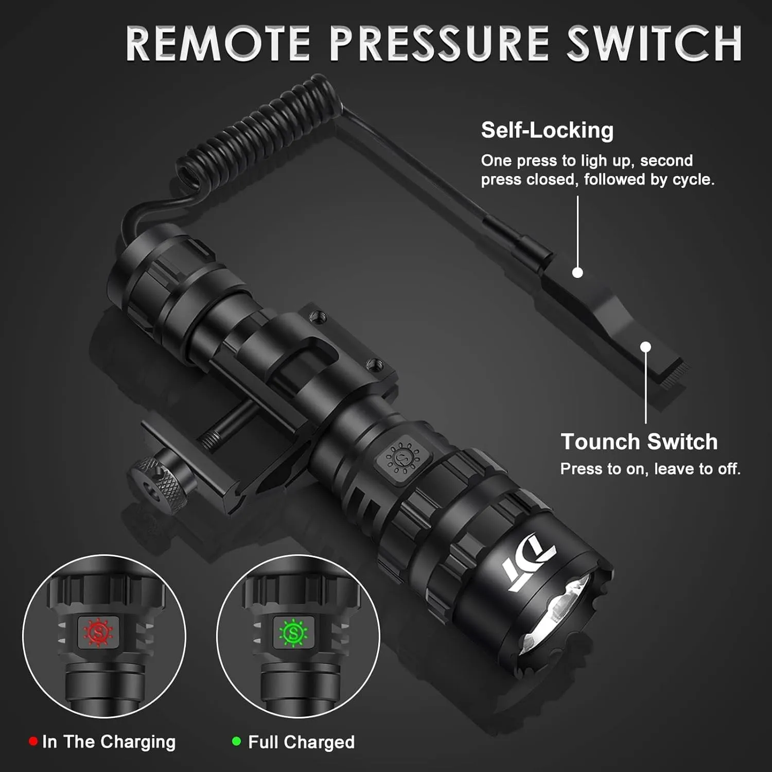 TDT 3000 Lumen Tactical Light LED Tactical Flashlight Comes with IPX7 Waterproof, 5 Modes Super Bright, 2 Switch Modes, Picatinny Tactical Flashlight with Rechargeable Battery
