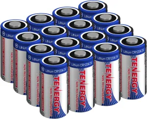 Tenergy 3V CR123A Lithium Battery, High Performance 1500mAh CR123A Cell Batteries PTC Protected for Cameras, Flashlight Replacement CR123A Batteries, 16-Pack (Non-Rechargeable)