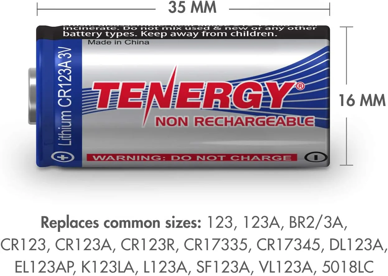 Tenergy 3V CR123A Lithium Battery, High Performance 1500mAh CR123A Cell Batteries PTC Protected for Cameras, Flashlight Replacement CR123A Batteries, 16-Pack (Non-Rechargeable)