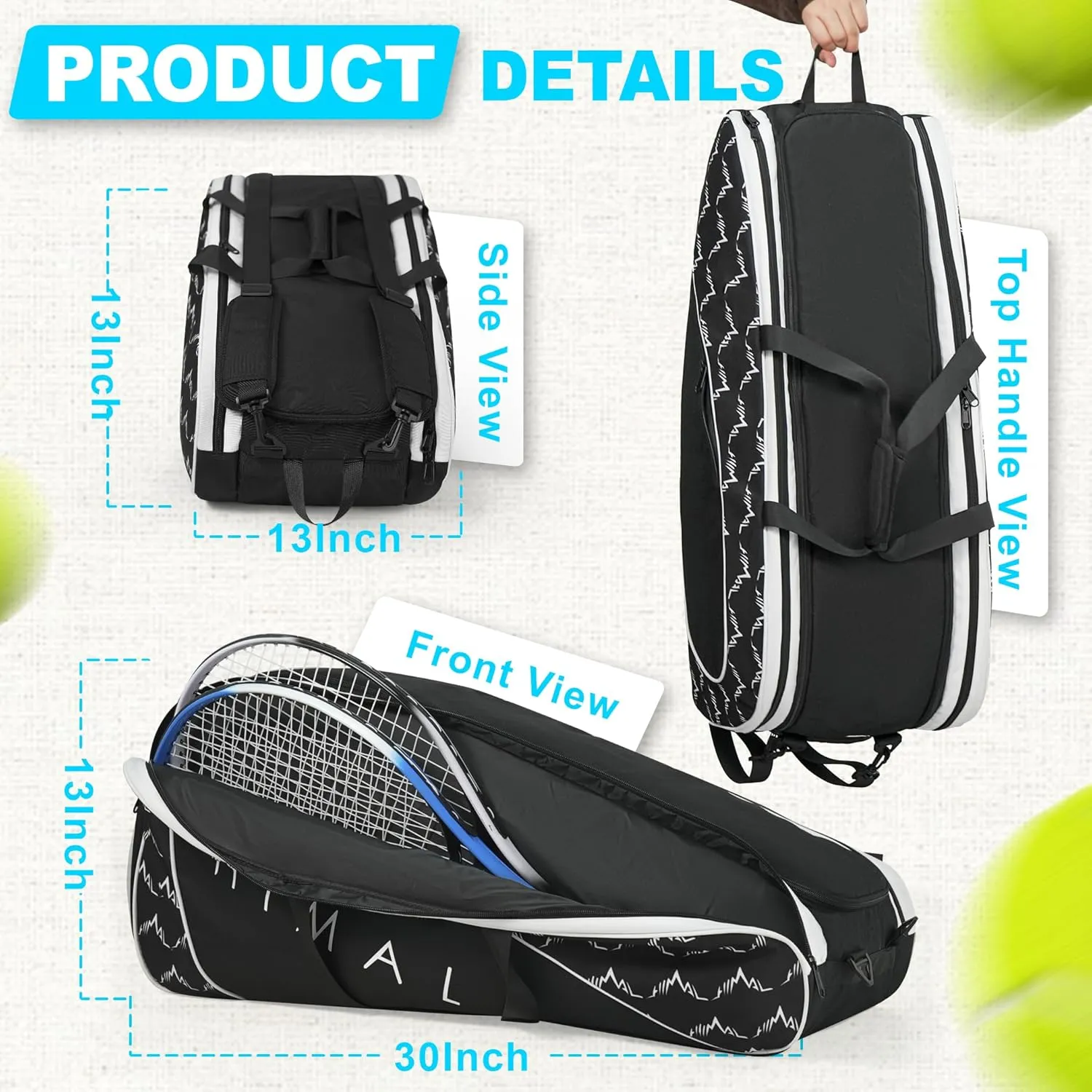 Tennis Bag 6 Rackets, Tennis Backpack Large Storage with Shoes Compartment, Cooler Pocket & Removeable Shoulder Strap, Multifunction Tennis Racket Bag for Sport Equipment
