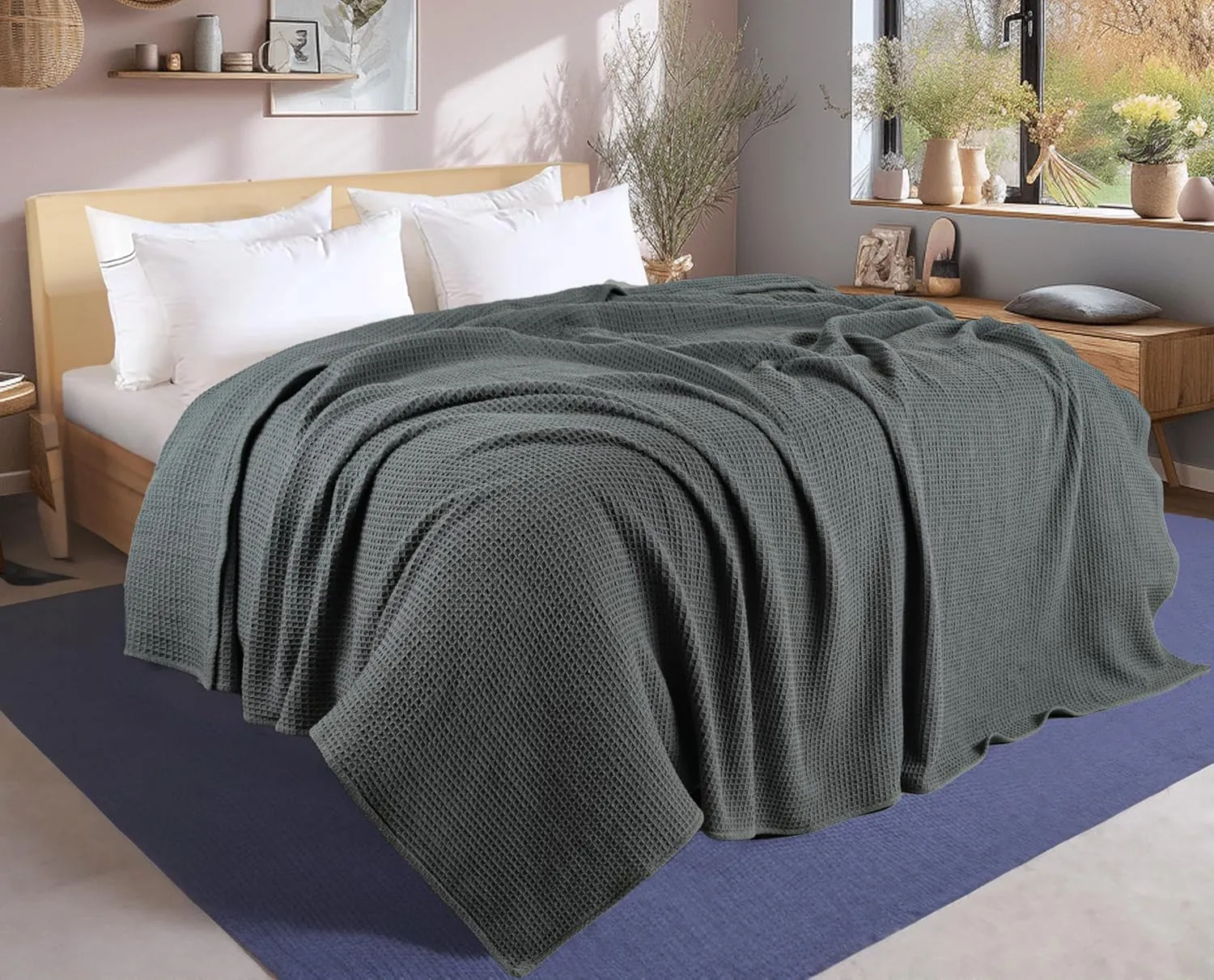 Tex Trend 100% Cotton Blanket – Soft and Breathable Twin XL Grey Waffle Blanket – All Season Comfort – Suitable for Bed Layering, Sofa, Couch - Grey (60”x90”)