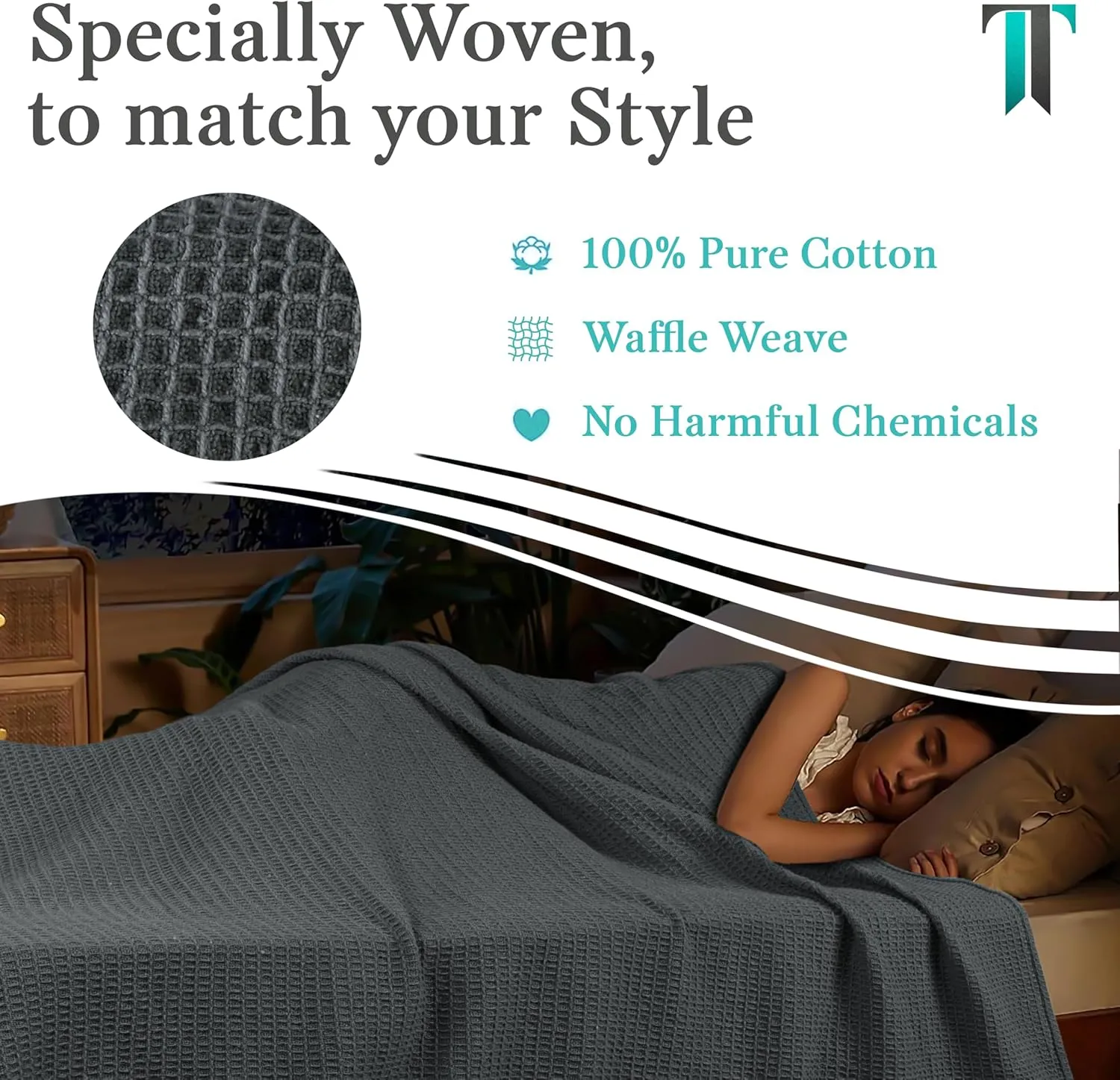 Tex Trend 100% Cotton Blanket – Soft and Breathable Twin XL Grey Waffle Blanket – All Season Comfort – Suitable for Bed Layering, Sofa, Couch - Grey (60”x90”)