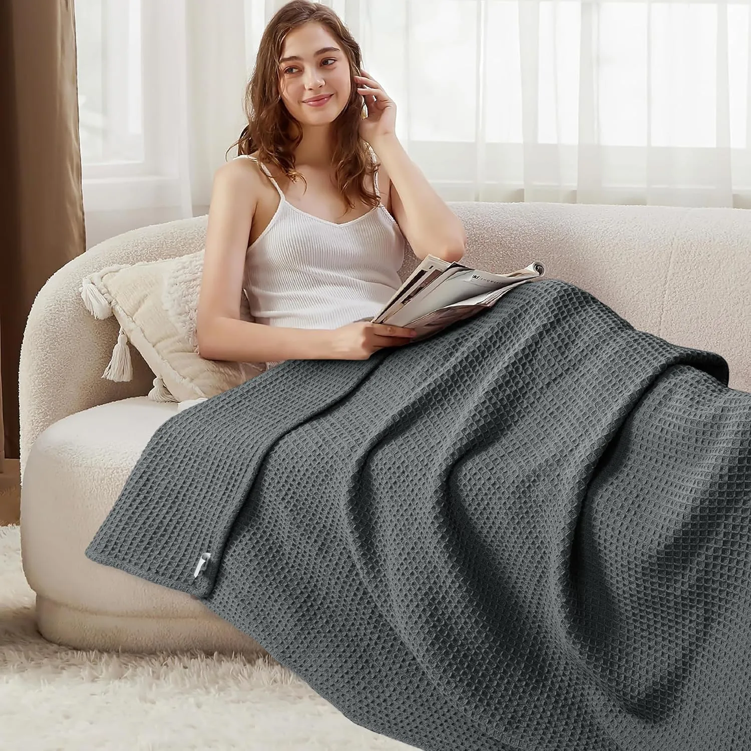Tex Trend 100% Cotton Blanket – Soft and Breathable Twin XL Grey Waffle Blanket – All Season Comfort – Suitable for Bed Layering, Sofa, Couch - Grey (60”x90”)