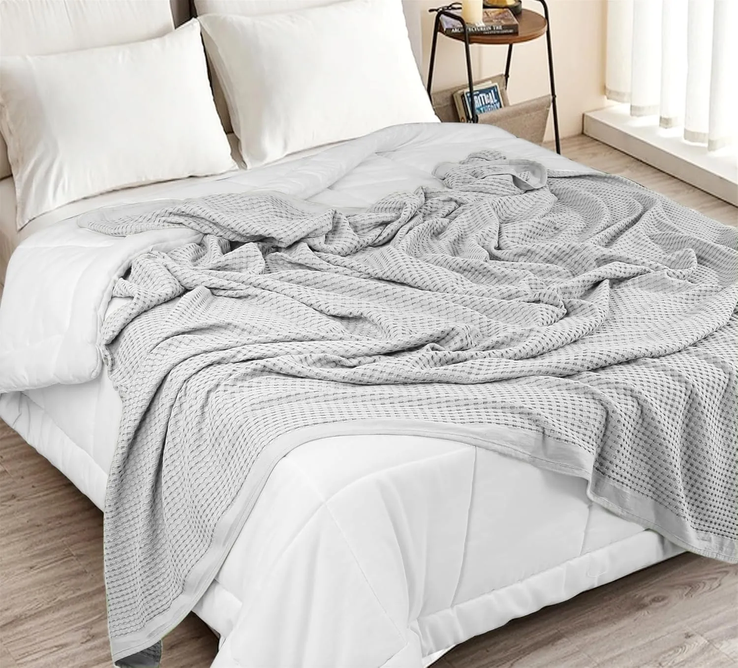 Tex Trend 100% Cotton Queen Size Waffle Weave Blanket - Lightweight, Breathable, Soft, Light Grey, 90x90 Inches