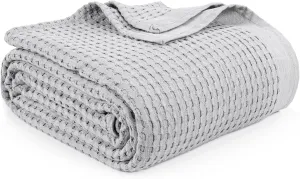 Tex Trend 100% Cotton Queen Size Waffle Weave Blanket - Lightweight, Breathable, Soft, Light Grey, 90x90 Inches